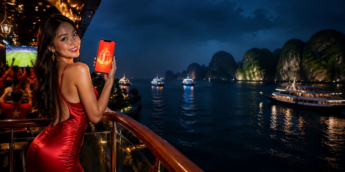Phong cảnh Vịnh Hạ Long với phong bao lì xì đỏ